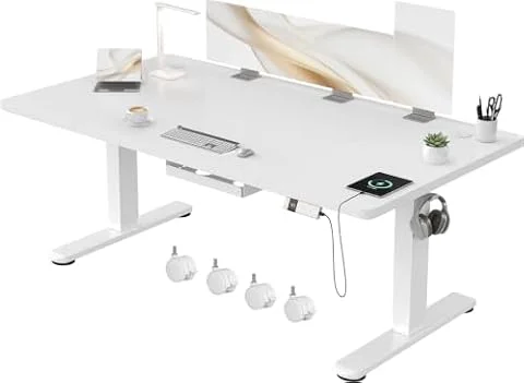 Devoko Scrivania Regolabile in Altezza 160x80 cm Bianco Ufficio con Ruote