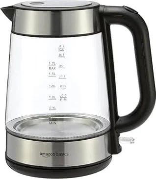 Amazon Basics Bollitore elettrico in vetro, 1.7 l, 2200W, Nero, Argento