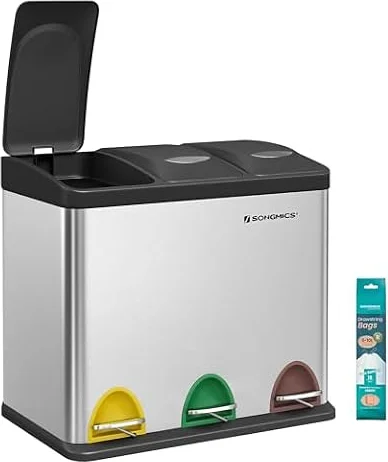 SONGMICS Cestino per Rifiuti da Cucina, Triplo in Acciaio, 3 x 8 L