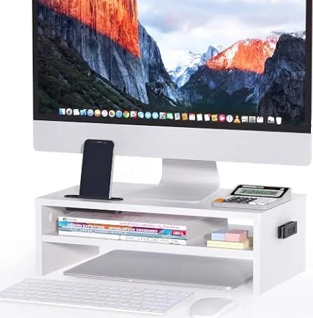 BONTEC Supporto per Monitor in Legno da Scrivania per Smartphone e Gestione dei Cavi, Ergonomico, per Laptop, Computer, 2 Livelli,bianco