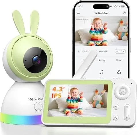 YESIMOM Baby Monitor WiFi 4,3", Telecamera Bambini 360°PTZ con Monitor