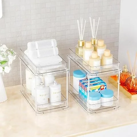 lomonmen 2 Pezzi Organizer Sottolavello Cucina,Scorrevole Scaffale Sottolavello Portaoggetti con Cassetto Estraibile,Organizzatore Cucina a 2 Livelli per Bagno,Ripostiglio o Lavanderia