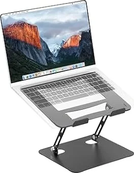 PureMounts Supporto per laptop regolabile in altezza, pieghevole ed ergonomico per notebook per l'ufficio, base girevole a 360°, supporto per cuscinetti antiscivolo, nero