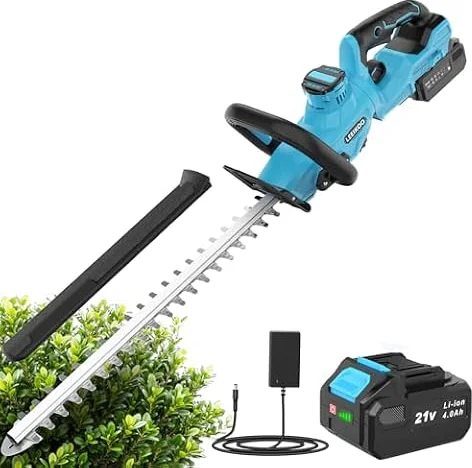 LEEIKOO Tagliasiepi a Batteria, Tagliasiepi Elettrico con 4.0Ah Batteria, 180° Regolabile Tagliasiepi, 51cm Lunghezza Lama, 16mm Distanza tra i Denti, Copri Lama per Siepi, Rami, Arbusti (Blu)