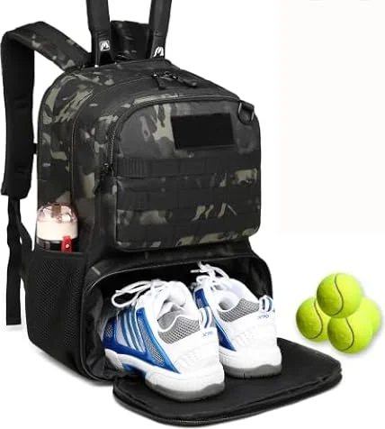 BlesMaller Zaino da Tennis con Scomparto per Scarpe e Protezione per la Racchetta Borsa da Tennis tattica per Donne/Uomini Borsa Sportiva (Nero Camo)