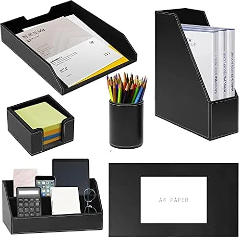 XNONE Set Scrivania Ufficio Pelle Pu,Organizzatori da Scrivania 6 Pezzi,Incluso Blocco Scrittoio,Vassoio di Carta,Porta Riviste,Portapenne,Porta Note,Ordinatore di Lettere,Personale e Regalo,Nero