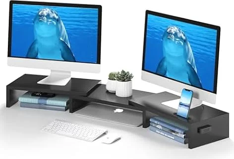 BONTEC Supporto per Doppio Monitor e Smartphone, Riser Regolabile con Lunghezza e Angolo di Rotazione in Legno, Organizer da Tavolo fino a 20kg, Nero