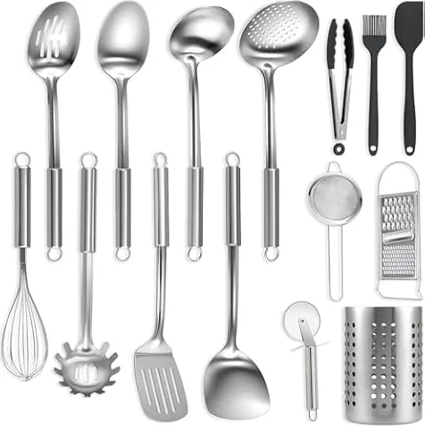 BEWOS Set Utensili Cucina da 15 Pezzi - Utensili da Cucina in Acciaio Inossidabile con Paletta e Portautensili, Non Tossico, Lavabile in Lavastoviglie e Resistente al Calore