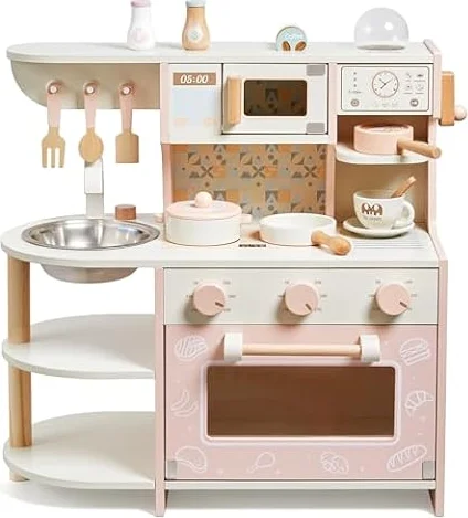 Cucina giocattolo per bambini, giocattoli in legno per bambini, set da gioco con caffettiera, accessori da cucina, regalo per ragazze e ragazzi dai 3 ai 6 anni