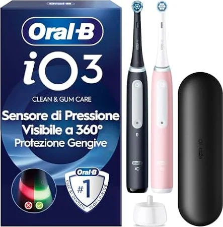 Oral-B iO 3, 2 Spazzolini Elettrici, 2 Testina di Ricambio, Nero e Rosa