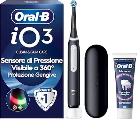 Oral-B iO 3 Spazzolino Elettrico, 1 Testina, Custodia, Dentifricio, Nero