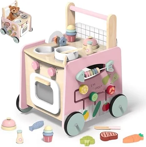 Girello per Bambini in Legno, 9 in 1 Carrello Primi Passi Legno con Giocattoli Montessori e Cucina da Gioco, Giocattoli Bambino 1 Anno, Regali di Natale e Capodanno