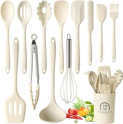 Omtofo Utensili Cucina Silicone, 13 pezzi set di utensili da cucina, senza BPA, resistenti al calore, con porta utensili, Lavabile In Lavastoviglie