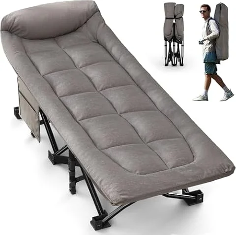 Overmont Lettino da Campeggio Brandina Pieghevole - Letto Portatile XL Caricabile Fino 250 kg - Letto Singolo Antiscivolo con Cuscino Borsa di Stoccaggio Borsa Trasporto per Camper Tende Viaggi Grigio