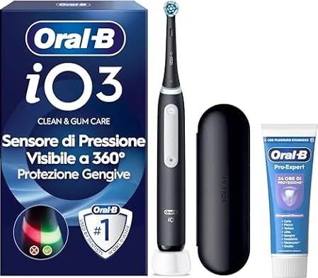 Oral-B iO 3 Spazzolino Elettrico, 1 Testina, Custodia, Dentifricio, Nero