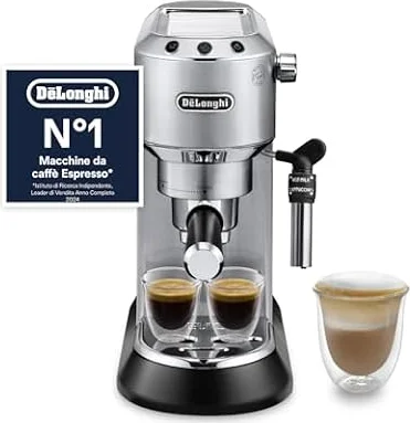 De’Longhi Dedica Style – Perfetto Macchina da Caffè Espresso, Compatibile con Cialde ESE, Montalatte Manuale per Cappuccino, Pannello di Controllo con Pulsanti, Larghezza 15 cm, Argento (EC685.M)