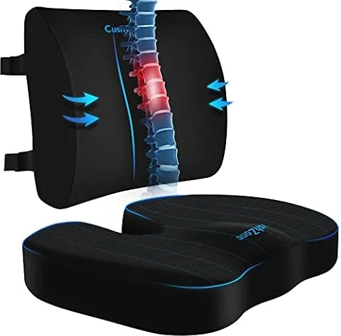 CushZone Cuscino da seduta, cuscino lombare con cinturino regolabile, per alleviare il dolore sciatica, con rivestimento lavabile in memory foam per auto, viaggio e sedia a rotelle, nero