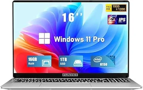 FUNYET Computer portatile, laptop da gioco 2026, 16 pollici Lap Top PC Windows 11 Pro, 16 GB RAM 1 TB SSD, processore Intel N150 (fino a 3,6 GHz), Office 365, tastiera retroilluminata, garanzia di 2