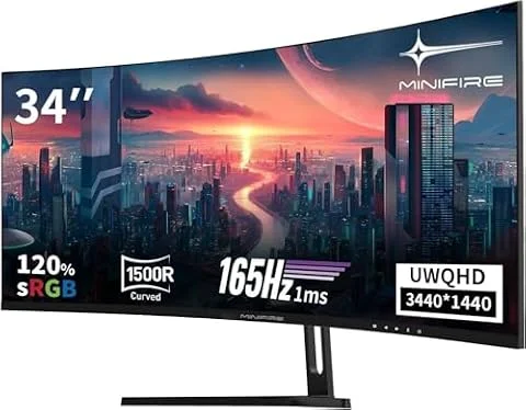 Minifire Monitor da gioco curvo 34" UWQHD 165Hz (DP), 3440 x 1440, curvo 1500R, 1 ms (MPRT), 100Hz (HDMI), AMD FreeSync, pannello VA, 2xHDMI 2.1 (TMDS)/1xDP 1.4 porte (cavo DP MFG34C5Q incluso)