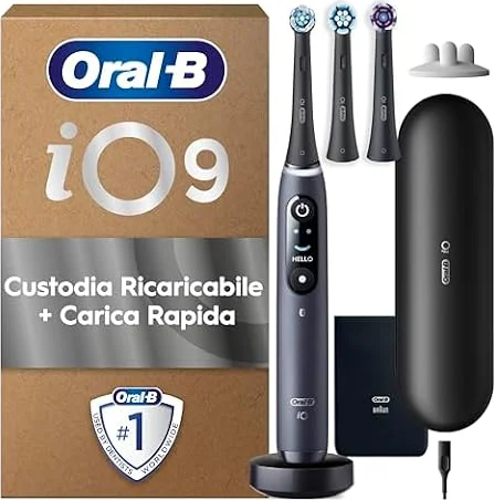 Oral-B iO 9 Spazzolino Elettrico, con 3 Testine di Ricambio, Custodia, Nero