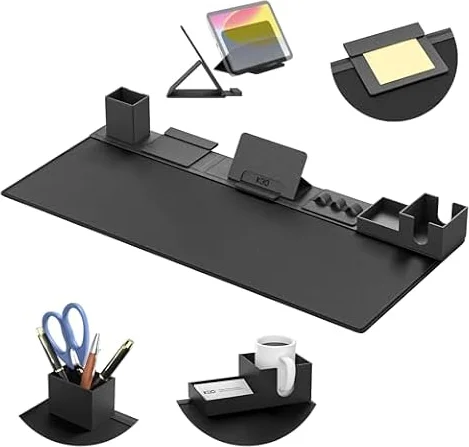 KDD Set Sottomano Scrivania, Sottomano da Scrivania in Pelle PU, Tappetino per Mouse 6 in 1 con Organizer Magnetici per Supporto Tablet/Portabicchieri/Portacarte/Portapenne/Gestione Cavi
