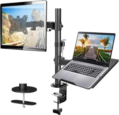 HUANUO Supporto Monitor Braccio con Vassoio per Laptop per Schermi LED LCD da 13 a 32 Pollici e Notebook Fino a 17 Pollici, Ergonomico Braccio Monitor Scrivania con Morsetto, 2 Opzioni di Montaggio