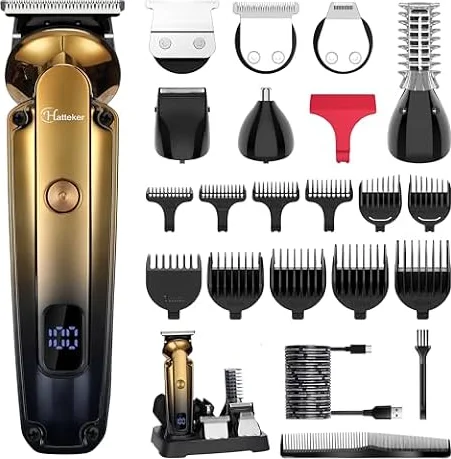 Hatteker Tagliabarba Kit Professionale Tagliacapelli con Zero Gapped T-Blade Trimmer Rasoio Elettrico per Naso Orecchio Barba Corpo Trimmer per Uomini Impermeabile Cordless Grooming Kit 6 in 1