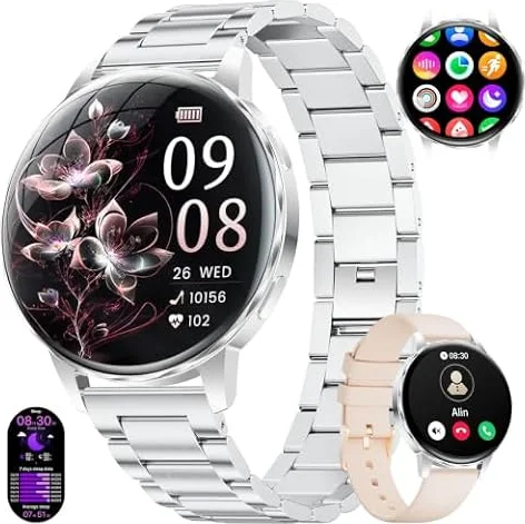 Orologio intelligente rotondo da donna con funzione telefonica, 1,27 pollici, orologio fitness con monitor di frequenza cardiaca/pressione sanguigna/sonno/SpO2, 110 modalità sportive, tracker fitness