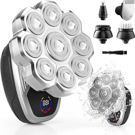 Rasoio elettrico da uomo, rasoi per uomini calvi, rasoi elettrici 5 in 1 con rasoio a testa calva bagnata e asciutta, rasoio a testa galleggiante 9D viene fornito con lame magnetiche staccabili