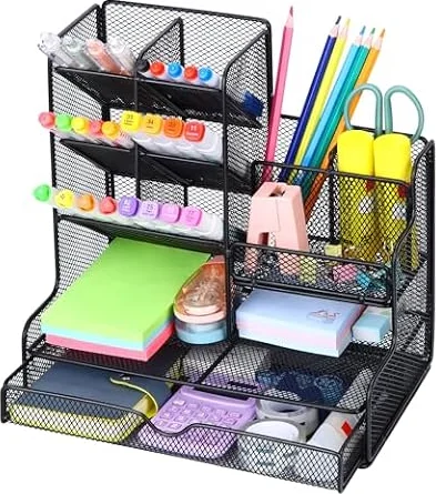 Alyvisun Organizer da Scrivania con Cassetto, Organizzatore da Scrivania a 12 Scomparti con Griglia, Organizer Scrivania Ufficio per Casa, Scuola, Cancelleria, Accessori