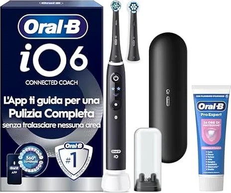 Oral-B iO 6 Spazzolino Elettrico, 2 Testine, Custodia, Dentifricio, Nero