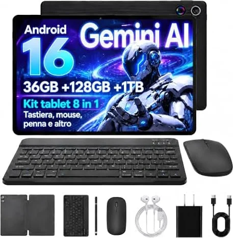 NIDUBIO Tablet Android 11 Pollici Android 16, Kit Completo, 36GB RAM+128GB ROM (Espandibile a 1TB), Batteria 7800mAh, Gemini AI, WiFi Dual‑Band, BT5.4 per Studio, Lavoro e Intrattenimento