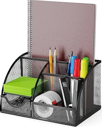 Detectalia Organizer Scrivania e Portapenne con Cassetto in Rete Metallica e 6 Scomparti, Nero – Organizzatore Portaoggetti Multifunzione per Penne, Note, Clip e Cucitrici, per Ufficio e Casa