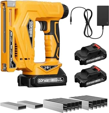 GoYwato 3-In-1 Pistola Sparachiodi a Batteria - 21V Chiodatrice Elettrica con 2 Batterie da 2,0 Ah, Graffettatrice inclusa con 1000 Chiodi 18GA, 1000 Graffe Typ 140 e 1000 Graffe Typ 53 per Legno