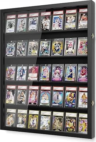 Emfogoo Porta Carte Collezionabili, 5 Ripiani Legno Espositore per Carte da Parete, Contenitore per Carte da Baseball Sportive Vlassificate Collezionabili, per Collezione di Sportive Carte (Nero)