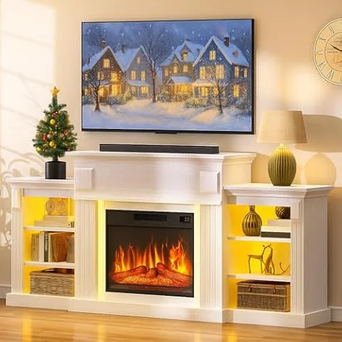 YITAHOME 72" Camino Elettrico da Terra, Effetto Fiamma 3D Mobile TV
