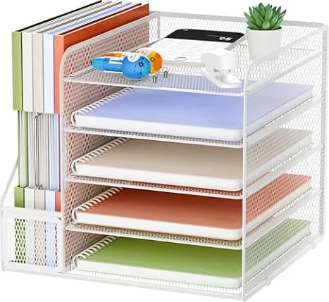 Marbrasse Organizer Scrivania Accessori,5-Livelli Organizer Ufficio,Porta Documenti Organizzatore in Rete per Scrivania,Ufficio Portaoggetti Scrivania Casa(Bianco)