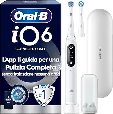Oral-B Spazzolino Elettrico Ricaricabile iO 6N, Sensore di Pressione, Display Interattivo, Intelligenza Artificiale, 2 Testine, 1 Spazzolino, 1 Custodia da Viaggio, Bianco, Idea Regalo