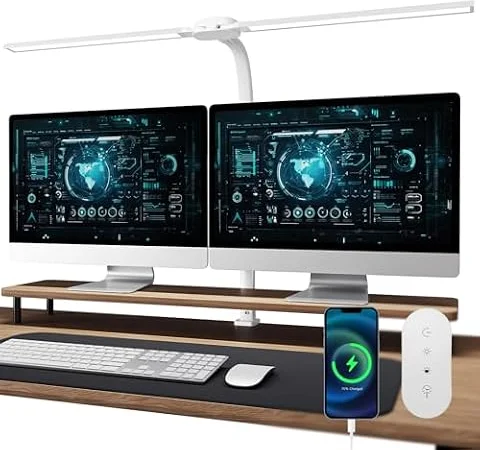 Nevoke W01 Lampada da Scrivania a LED con Telecomando - 24W 1400LM 80CM Luce Scrivania Filo con Morsetto Lampada da Lettura Collo D'oca Regolabile, Porta di ricarica USB per Ufficio Studiare, Bianco