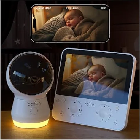 Boifun Baby Monitor 5.5’’ Video Audio con Telecamera 4MP 360° Zoom 4X, WiFi, App controllo fuori casa, AI Intelligente, Audio Bidirezionale, Temperatura & Umidità, Luce Notturna, SD, Batteria 4000mAh