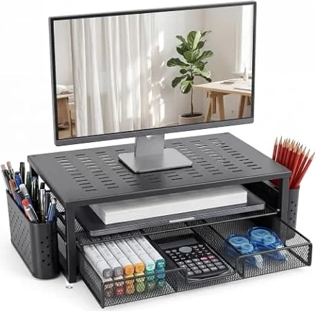 Organizer Da Scrivania, Supporto Per Monitor Con Cassetto E 2 Portapenne, Organizer Da Scrivania A 2 Ripiani Per Schermo E Laptop, Supporto Da Scrivania Ergonomico Per Accessori Da Ufficio (Nero)