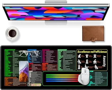 Shenkon Tech Tappetino Mouse XXL 900x400mm - Sottomano Scrivania con Scorciatoie per Excel e Software - Tappeto per Mouse Impermeabile e Antiscivolo - Ideale per Smart Working e Ufficio (IT)