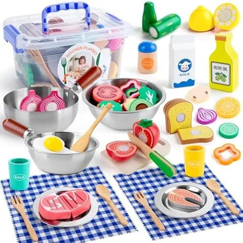 SEMKOTREE Cucina Giocattolo per Bambini, Accessori Cucina Bambini Legno Set Utensili Cucina, Insalatiera Pentole Acciaio Inox, Giochi Bambina Gioco Montessori, Regalo Bimba Bimbo 3 4 5 6 Anni