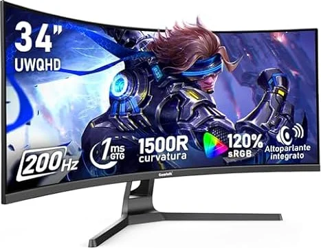 Gawfolk Monitor PC da gioco curvo ultra‑wide UWQHD da 34 pollici, 200 Hz