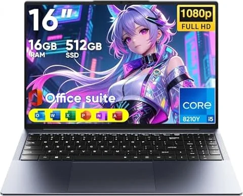 Vowmoon Laptop 16" - Core i5-8210Y (fino a 3,6 GHz), 16 GB RAM, SSD 512 GB, FHD 1920x1200 16:10, tastiera retroilluminata, Wi-Fi 5, Bluetooth 5.0, USB-A, HDMI, RJ45, 44 Wh (7,6 V/5800 mA)