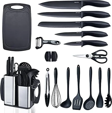 RAXCO Set di coltelli da cucina con blocco, 18 pezzi di utensili da cucina con 5 coltelli e 7 spatole in silicone (Nero)