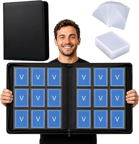 VIVIIHOO Album Raccolta per 360 Carte con 100 Toploader e 100 Custodie, 9 Tasche in PU, Portacarte Premium per Carte da Collezione TCG e Sportive, Compatibile con Toploader 3x4