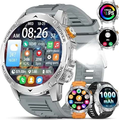 Smartwatch Uomo-1000mAh Batteria/1,75'' HD Display,IP68 Impermeabile Smartwatch con Torcia/130+ Modalità Sportive,Fitness Tracker con Monitor Frequenza Cardiaca/Sonno,per Android iOS,3 Cinturini