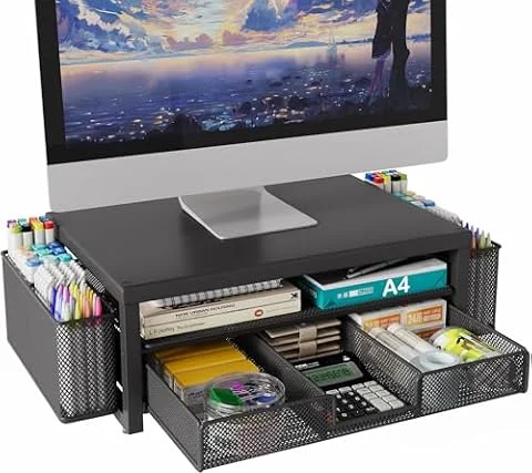 BOKIOVIN Supporto per Monitor in Metallo con Cassetto e 2 Portapenne per Scrivania, Organizzatore per Accessori da Ufficio e Supporto per Schermo del Computer per Stampante (1, Nero)