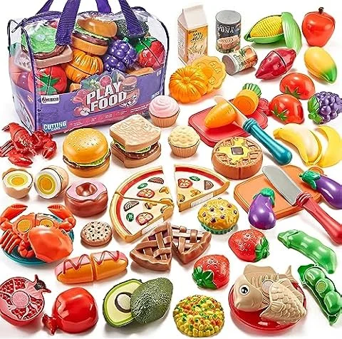 LAUGIGLE 78Pc Cibo Giocattolo da Taglio con Borsa per La Conservazione, Cibo Finto per Cucina da Gioco, Include Frutta e Verdura in Plastica, Giocattoli Finti, Regali per Bambini
